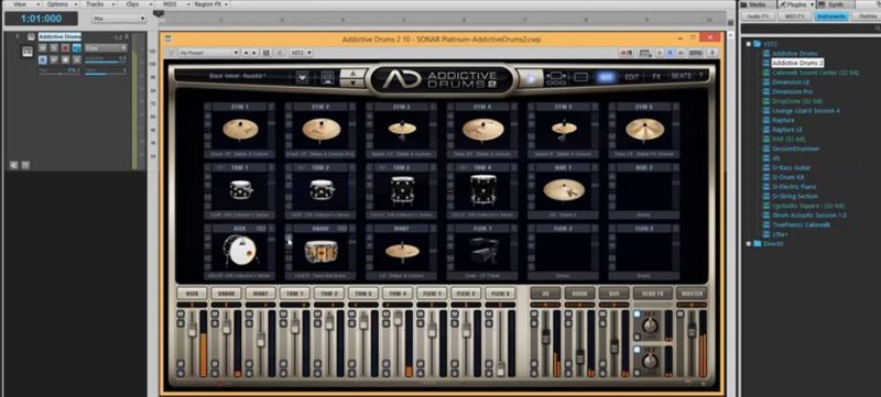Painel da bateria Addictive Drums do Sonar