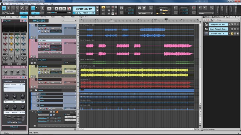 Painel do software de produção musical Sonar