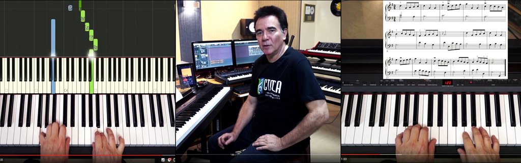 Cursos de piano e teclado com Luciano Alves à frente dos teclados.